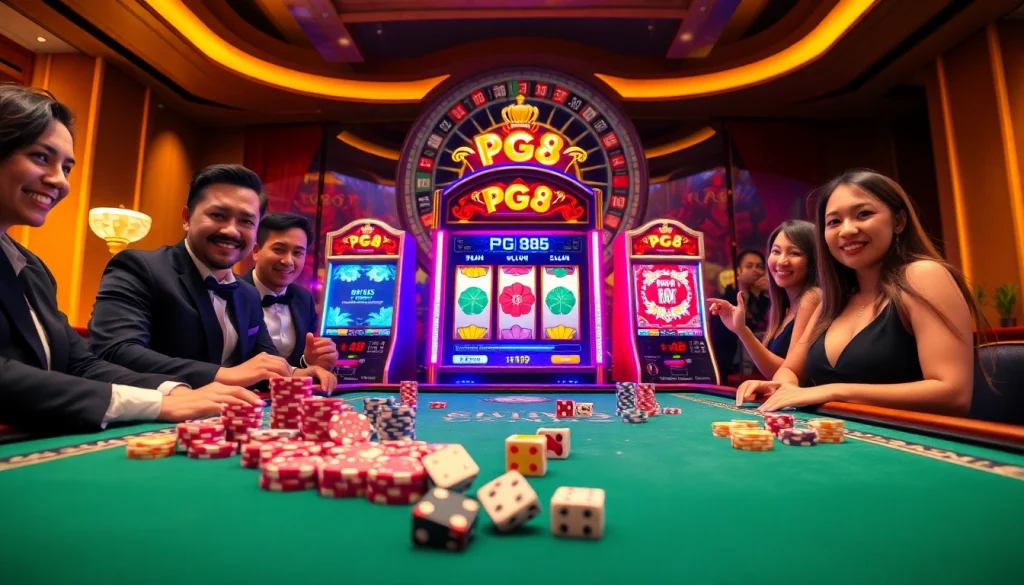 Players enjoying the pg88 slot in a luxurious casino setting filled with colorful chips and a roulette wheel.