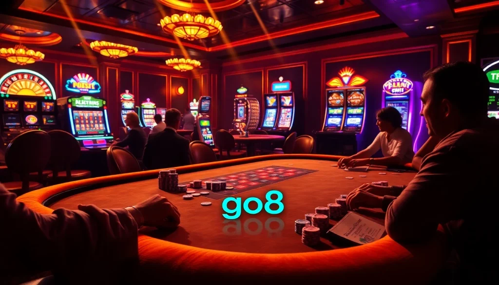 Players engage in high-stakes poker with vibrant casino visuals including go8 elements for excitement.