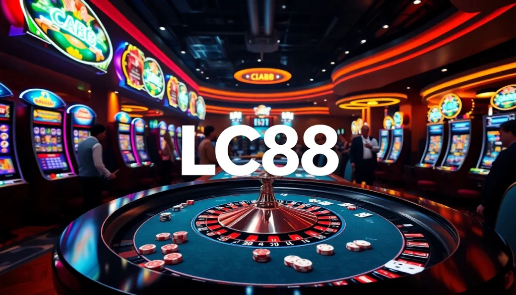 Engaging scene of players at the LC88 casino roulette table, showcasing excitement and thrill in gambling.