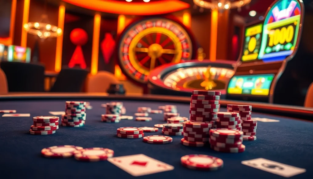Experience high-stakes action with F8bet poker tables and vibrant slot machines in a luxurious casino setting.