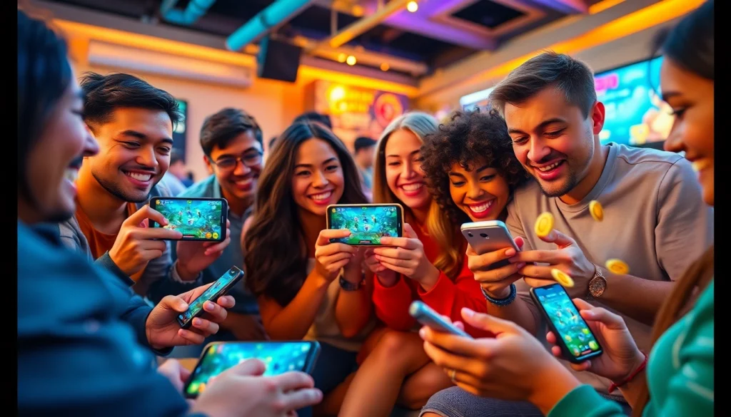 Groups of friends engaging with Yono games on mobile devices, showcasing vibrant gameplay.
