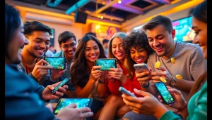 Groups of friends engaging with Yono games on mobile devices, showcasing vibrant gameplay.