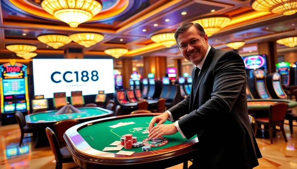 Gambler placing chips at a table in a luxury casino featuring C168 branding.