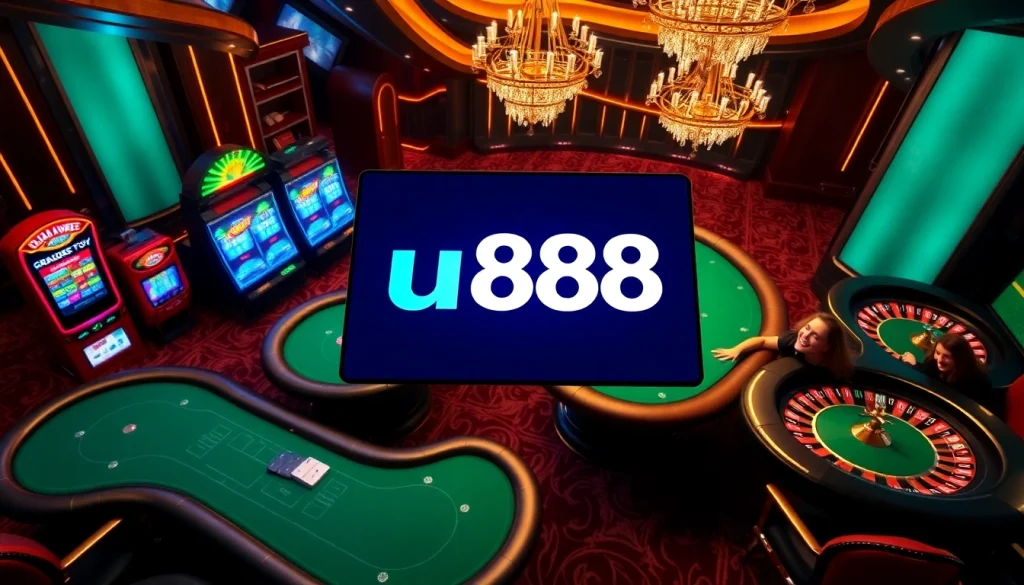 Exciting gameplay experience at u888's online casino featuring vibrant slots and poker tables.