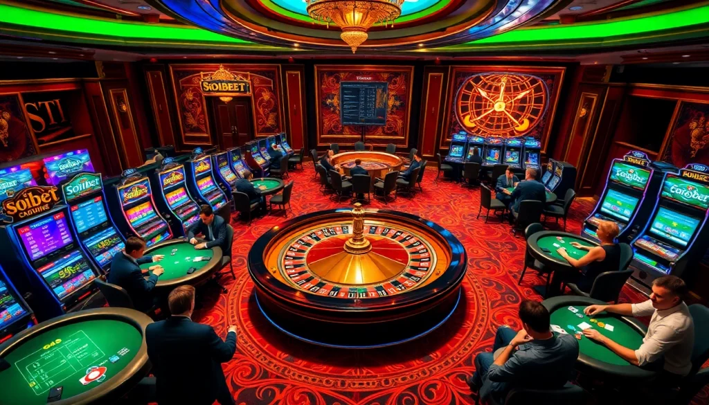 Exciting gambling experience at SOIBET casino with vibrant tables and roulette wheel.