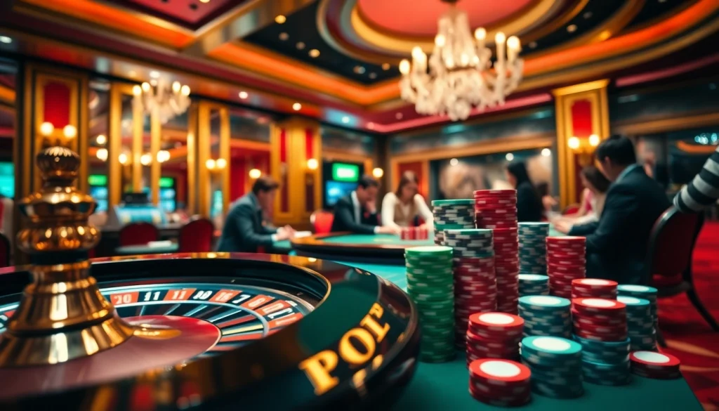 Experience the thrill of gambling at viral88 with vibrant poker chips and roulette.