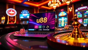 Experience thrilling casino action with u888 online gaming interface, poker chips, and roulette wheel.
