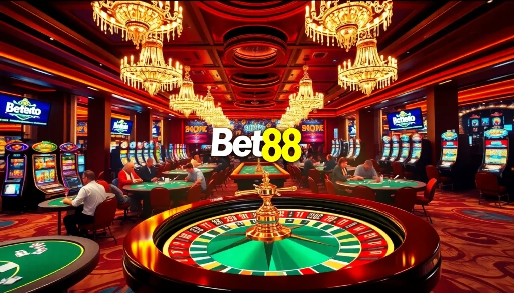 Experience the thrill of betting with Bet 88 at vibrant casino tables and roulette wheels.