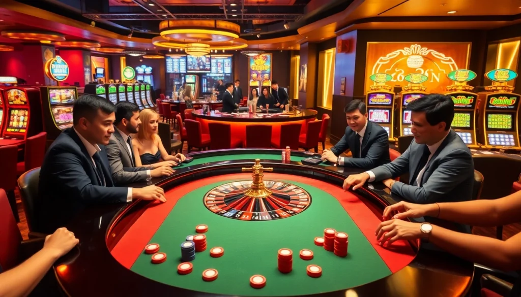 Experience the thrill of 58win at a luxurious casino with roulette and poker players in action.