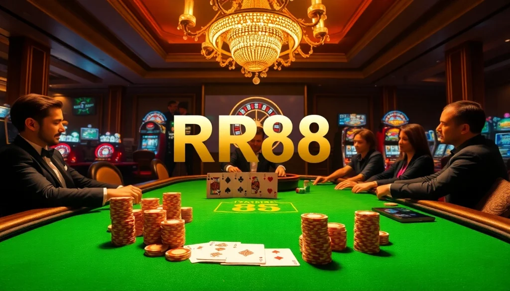RR88 players making strategic moves at a high-stakes poker table in a luxurious casino setting.
