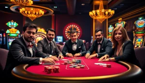 Poker players strategizing their bets at a high-stakes table, showcasing excitement in connection with https://okfunax.com/ gaming.