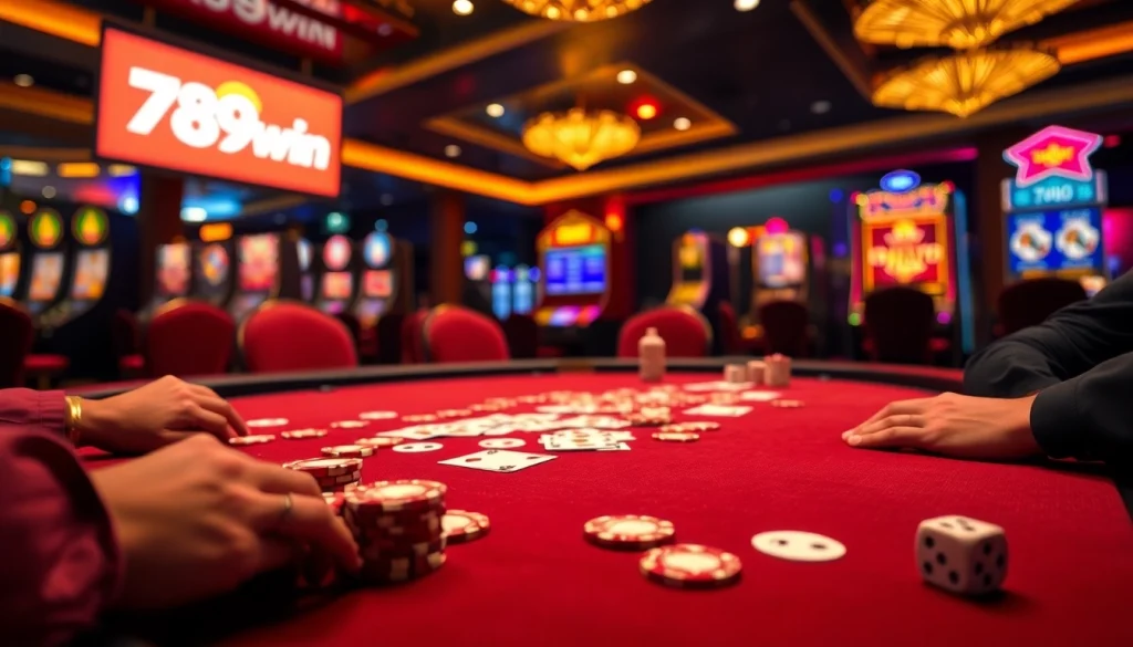 Engaging poker action at 789win casino featuring chips and cards in a luxurious setting.