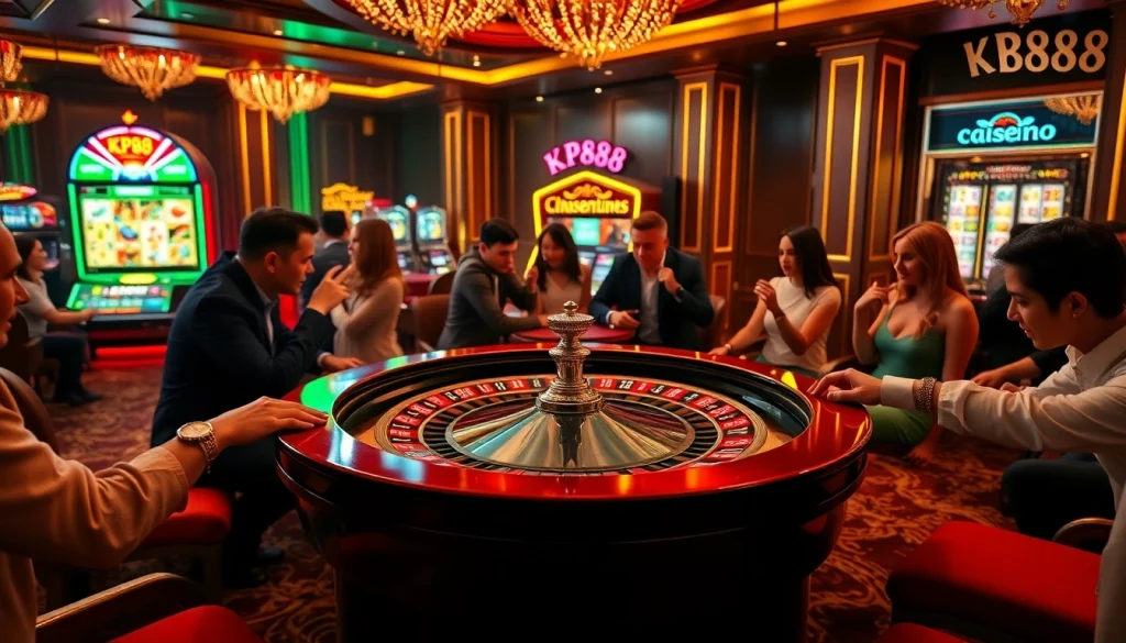 Players excitedly engage with KP88 casino games at a vibrant roulette table filled with action.