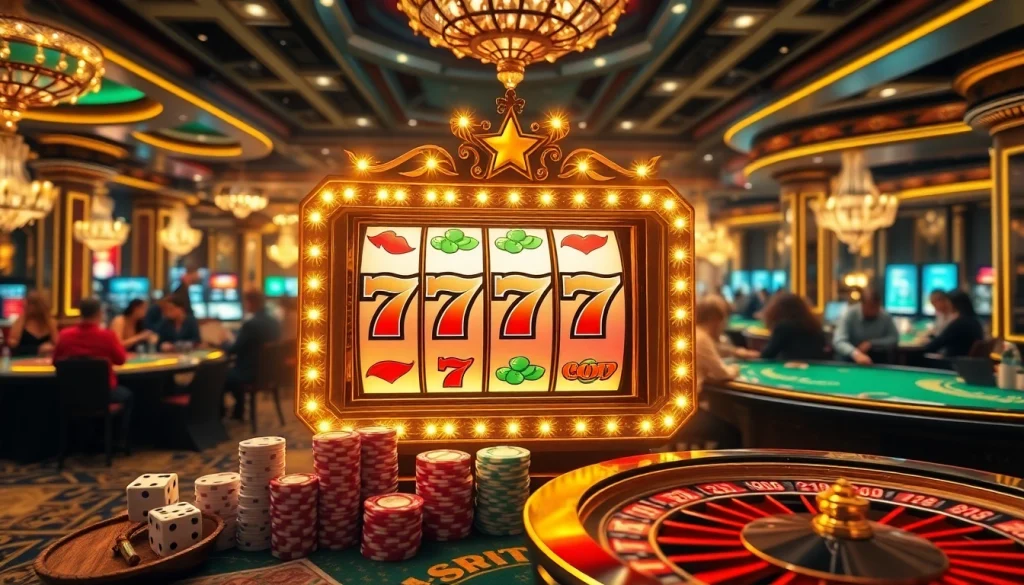 Exciting slot777 machine in a vibrant casino environment with players enjoying gaming tables.