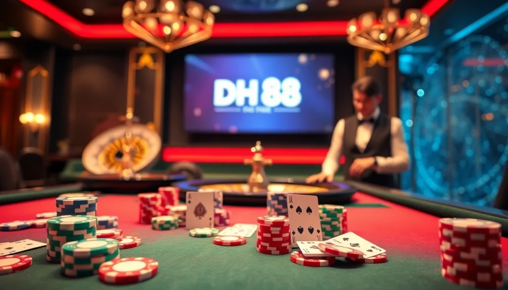 Engaging players at a glamorous DH 88 casino table filled with poker chips and cards.