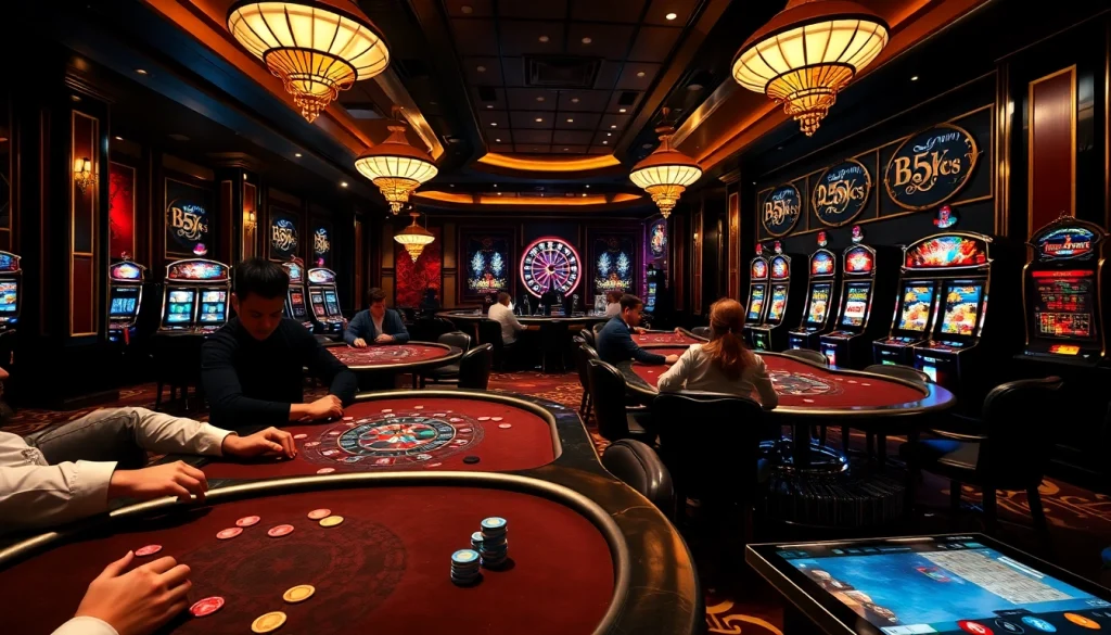 A bustling casino scene showcasing 555win poker tables and colorful slot machines, capturing the thrill of online gambling.
