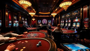A bustling casino scene showcasing 555win poker tables and colorful slot machines, capturing the thrill of online gambling.