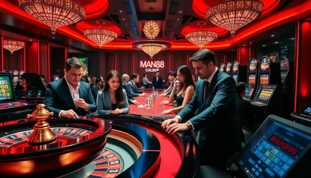 Experience thrilling gaming action at Man88 with interactive casino tables and vibrant slot machines.