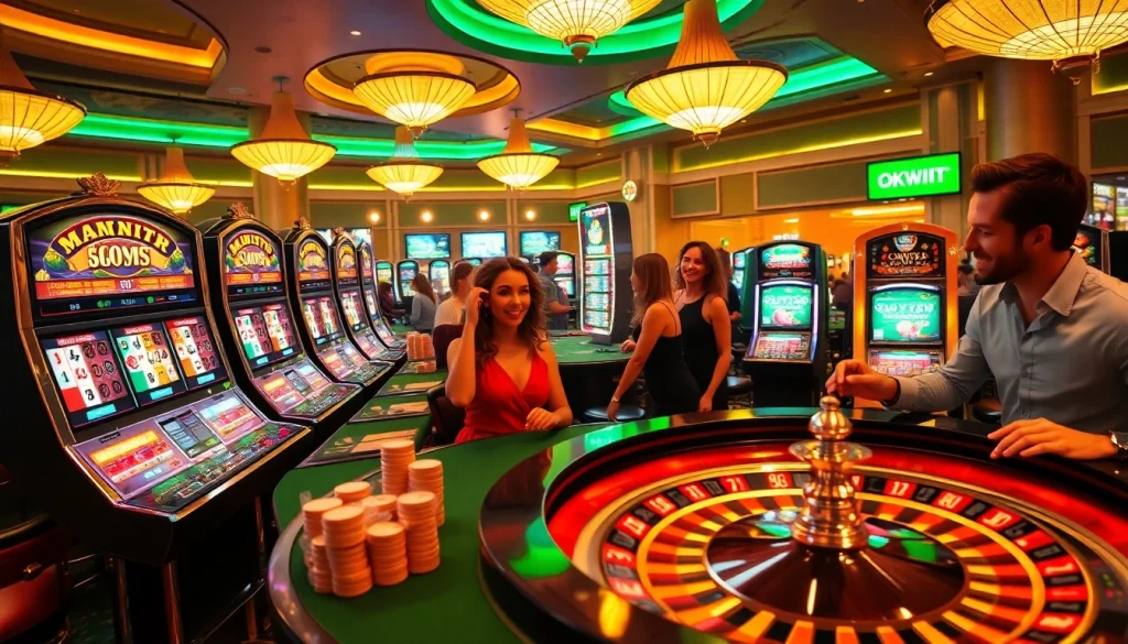 Experience the excitement of gambling with okwin tv at a vibrant casino displaying colorful slot machines and enthusiastic players.