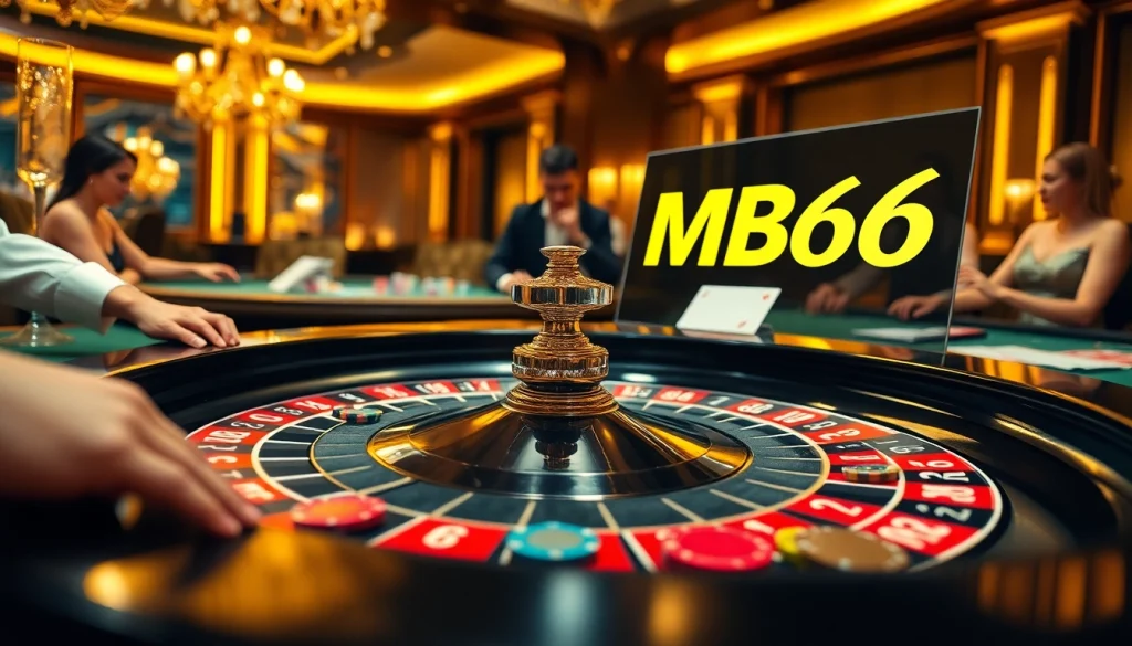 Players engaging in a thrilling roulette game at MB66 casino with vibrant colors and luxurious ambiance.