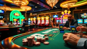 88i casino gambling scene with poker, slots, and vibrant atmosphere.