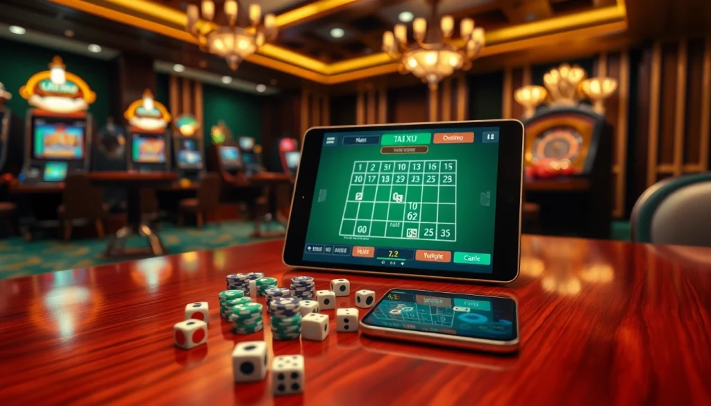 Tài xỉu online gameplay showcased on a tablet amidst a luxurious casino setting