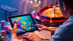 Bắn cá ee88 gameplay with vibrant ocean graphics and immersive gambling elements on a digital interface.
