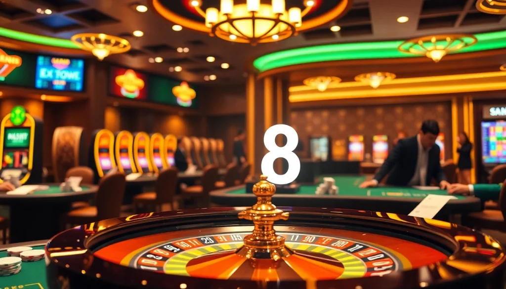 S8 logo featured in an elegant casino environment with poker chips and a roulette wheel.