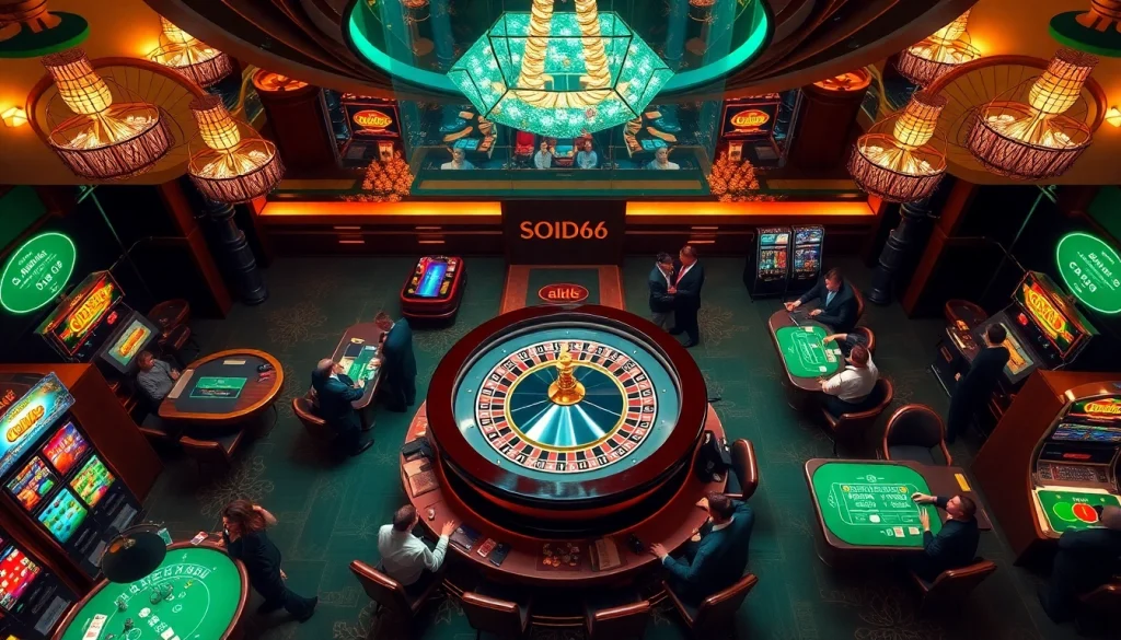 Engage with the link SODO66 in a vibrant casino scene highlighting roulette, poker chips, and online gambling.