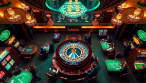 Engage with the link SODO66 in a vibrant casino scene highlighting roulette, poker chips, and online gambling.