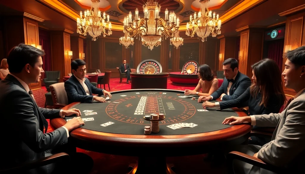 Engaging poker scene featuring players and betting chips on https://keobongda2.vip/ gaming table.