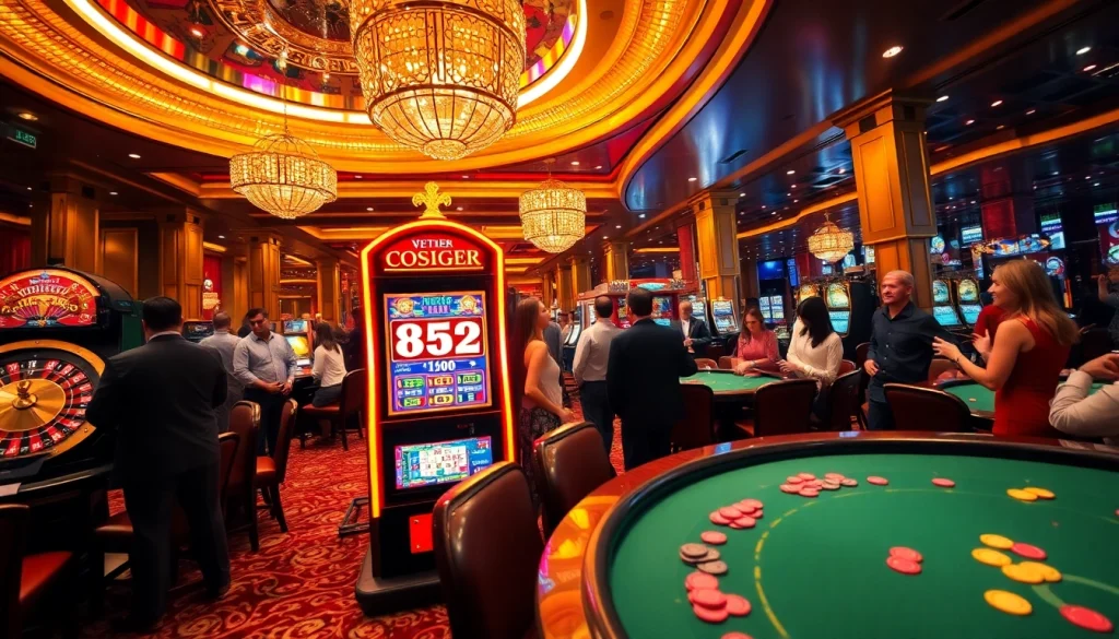 Experience the excitement of the B52 casino with vibrant slot machines and enthusiastic players.