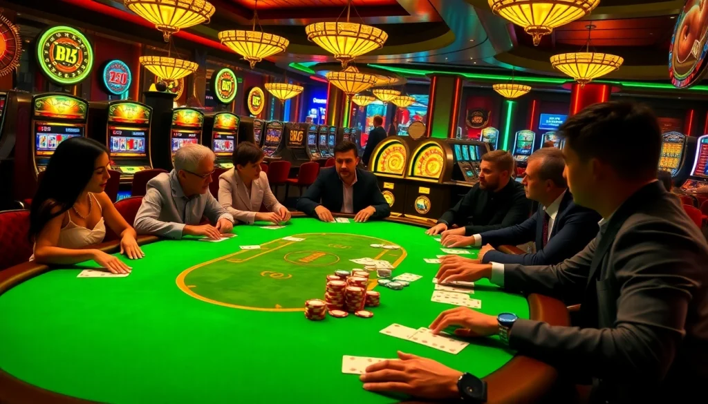 The b52 club offers a thrilling poker game with diverse players focused on strategic bets at a vibrant casino table.