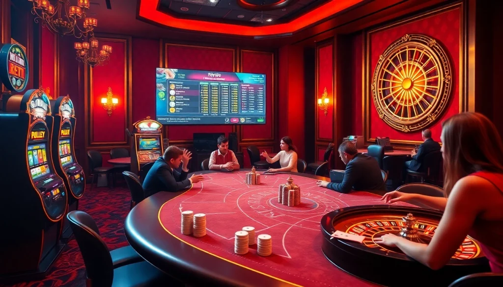 Engaging players at Rikvip casino, with vibrant slot machines and poker chips.