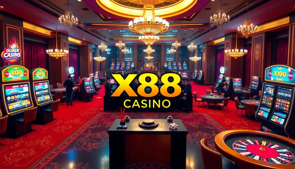 X88 CASINO vibrant slot machine scene with players, poker chips, and festive lighting