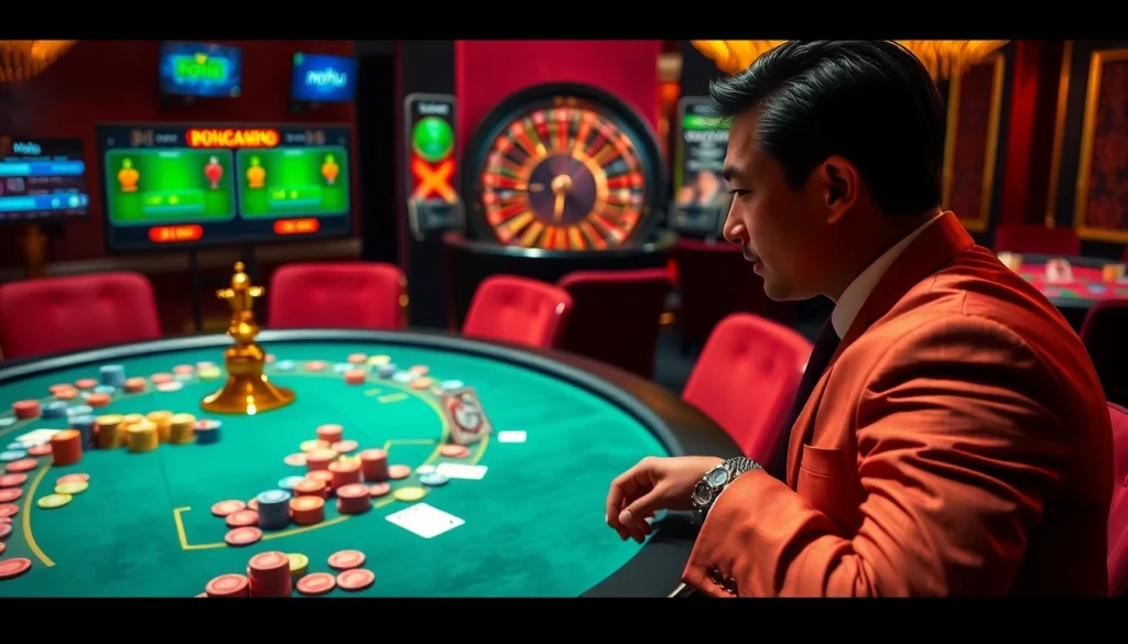Nohu-themed gambling scene with vibrant poker table action and roulette wheel excitement.