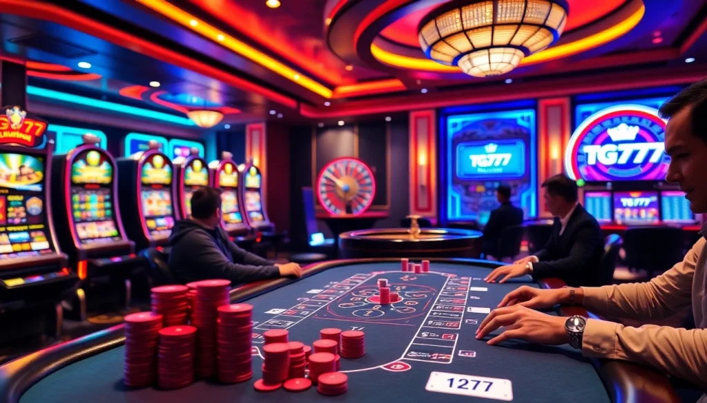 Experience the thrill of gaming at TG777 with vibrant poker tables and slot machines.