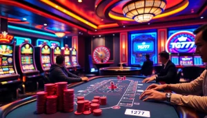 Experience the thrill of gaming at TG777 with vibrant poker tables and slot machines.