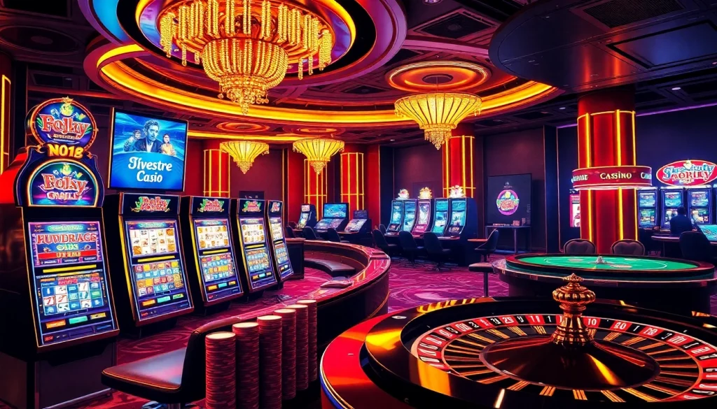 Engaging casino action with nohu slots and vibrant poker tables in a luxurious setting.