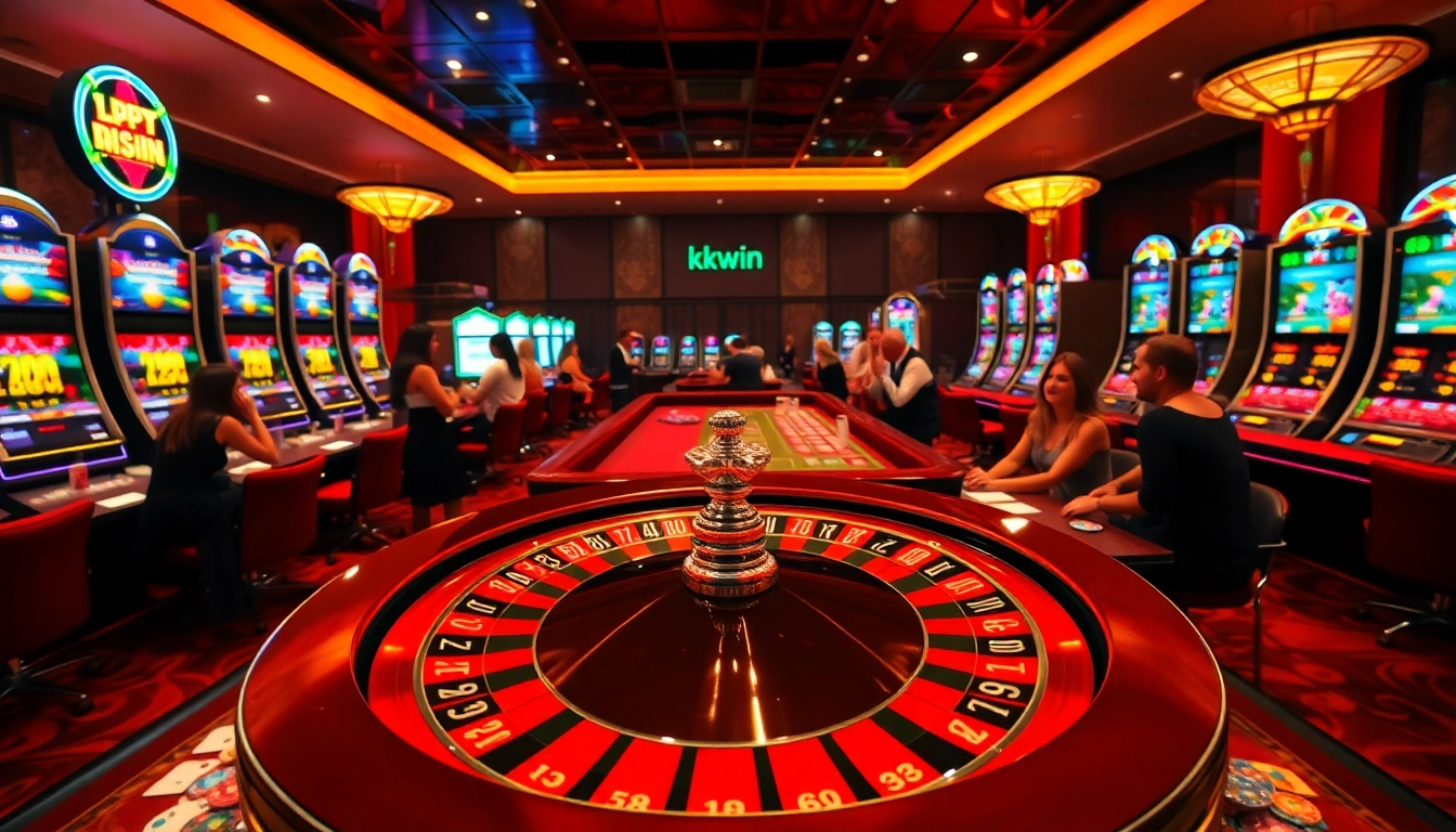 Join the excitement at kkwin with a vibrant casino scene featuring roulette and poker.