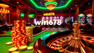 Win678 gaming scene with poker chips and vibrant casino tables enhancing the excitement of gambling.