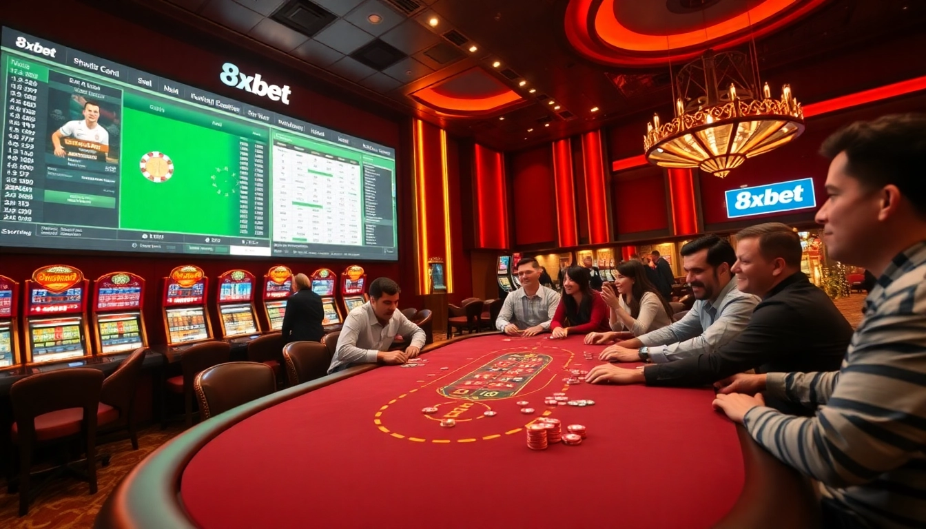 Experience thrilling gameplay at 8xbet's luxurious casino tables with poker chips and players.