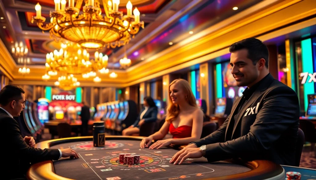 Engaging poker players at a vibrant 7xl casino table in a luxurious setting.