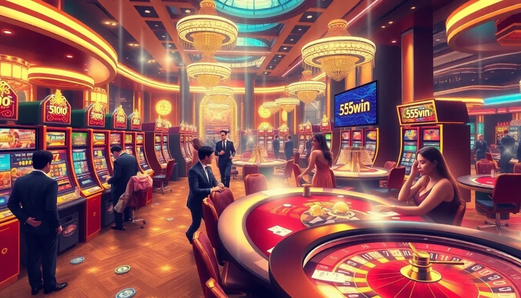 Players experiencing the thrill of winning at 555win casino tables with vibrant slot machines.
