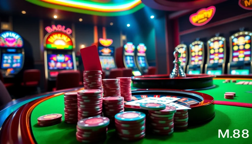 Experience the thrill of MM88 online casino with vibrant poker chips and roulette.