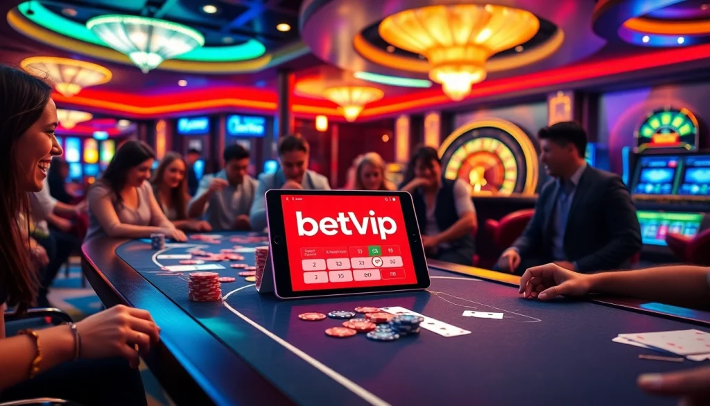 Những người đam mê cá cược đang tận hưởng ứng dụng betvip trên máy tính bảng tại một casino sang trọng.