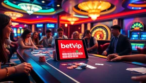 Những người đam mê cá cược đang tận hưởng ứng dụng betvip trên máy tính bảng tại một casino sang trọng.