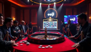 Experience eejl gaming thrill at a luxurious roulette table with vibrant chips and cards.