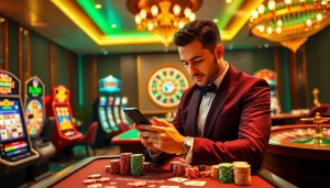 Experience the thrill of casino games with the jl55 app on a stylish smartphone amid vibrant gambling elements.