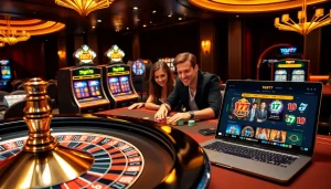 Players enjoying a thrilling game at TG777 casino with poker tables and exciting slot machines.